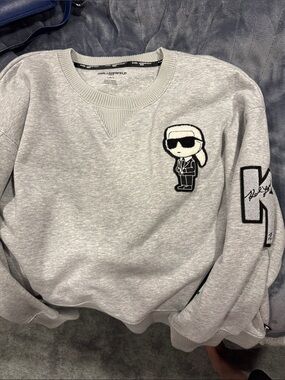 Karl Lagerfeld Heather Gray Sweatshirt with Embroidered Patches; NWT Size L